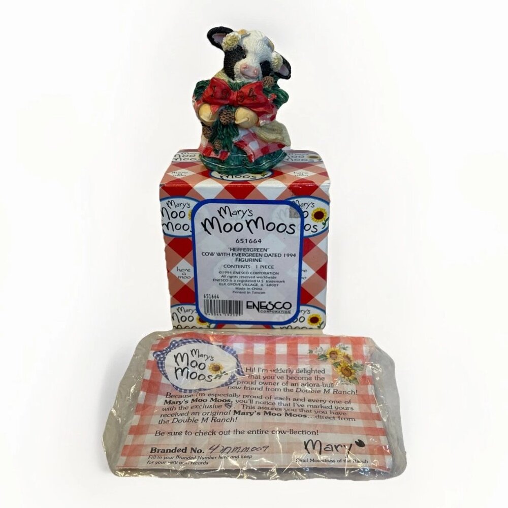 Mary's Moo Moos Heffergreen Cow With Evergreen Figurine 1994 651664 With Box